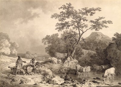 Figures by a stream with cattle watering by Philippe Jacques de Loutherbourg